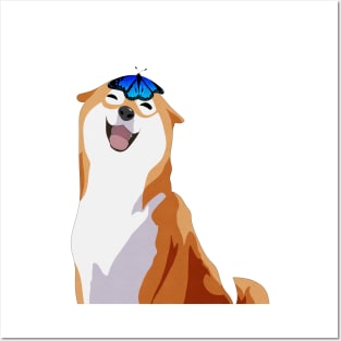 Happy Shiba Inu - Blue Butterfly Posters and Art